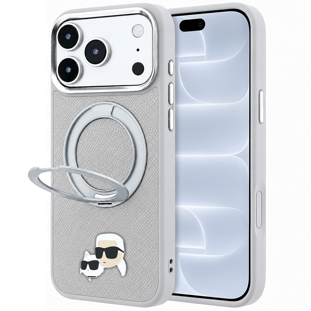 Capa MagSafe para Apple iPhone 18 Pro / 17 Pro, Karl Lagerfeld, Ring Stand 360 Karl & Choupette Pin, Cinzenta