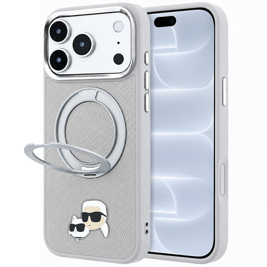 Capa MagSafe para Apple iPhone 18 Pro / 17 Pro, Karl Lagerfeld, Ring Stand 360 Karl & Choupette Pin, Cinzenta