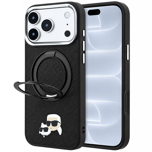 Capa MagSafe para Apple iPhone 18 Pro / 17 Pro, Karl Lagerfeld, Suporte Anel 360 Karl & Choupette Pin, Preta