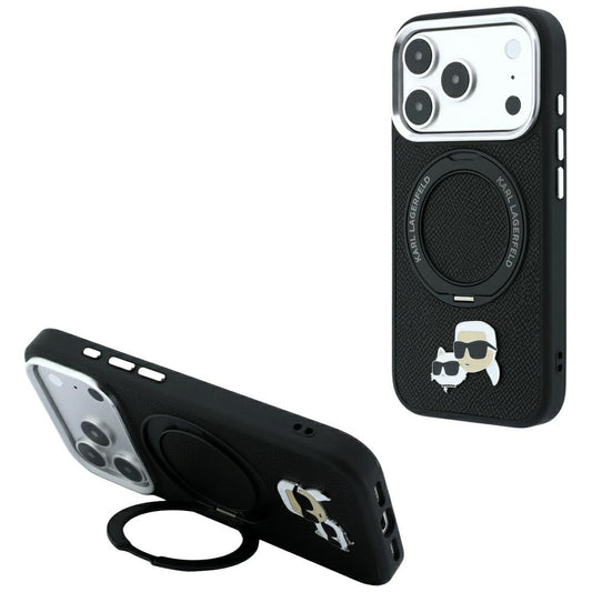 Capa MagSafe para Apple iPhone 18 Pro / 17 Pro, Karl Lagerfeld, Suporte Anel 360 Karl & Choupette Pin, Preta