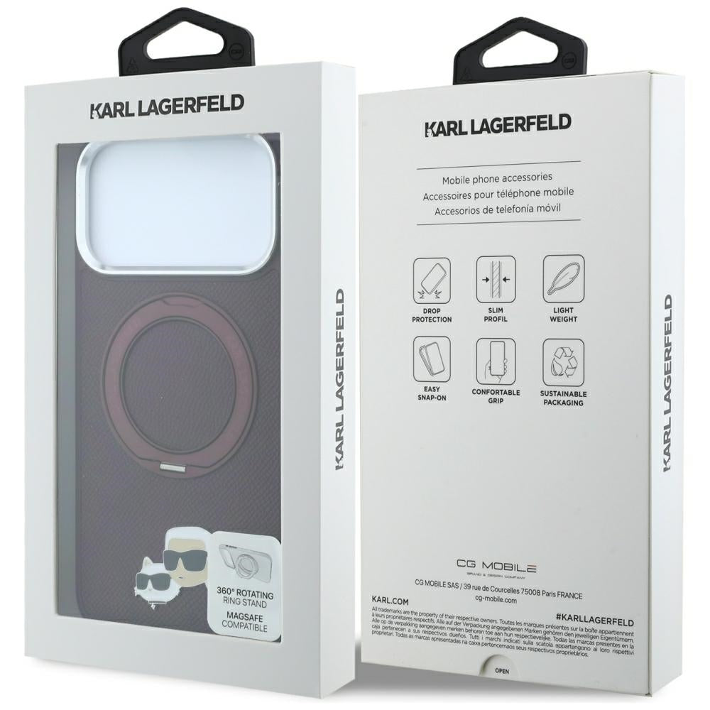 Capa MagSafe para Apple iPhone 18 Pro / 17 Pro, Karl Lagerfeld, Suporte Anel 360 Karl & Pin Choupette, Vinho