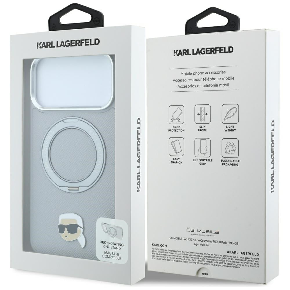 Capa MagSafe para Apple iPhone 18 Pro / 17 Pro, Karl Lagerfeld, Ring Stand 360 Karl Pin, Cinzento