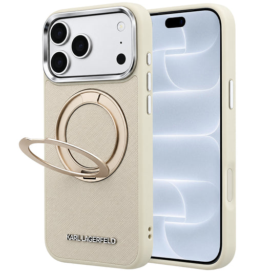 Capa MagSafe para Apple iPhone 18 Pro / 17 Pro, Karl Lagerfeld, Ring Stand 360 Saffiano, Bege