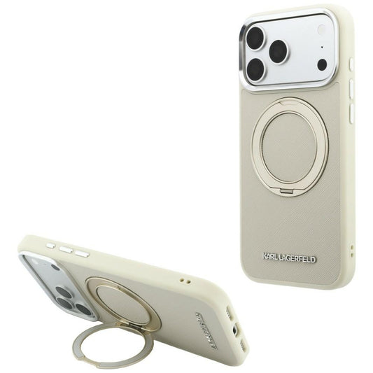Capa MagSafe para Apple iPhone 18 Pro / 17 Pro, Karl Lagerfeld, Ring Stand 360 Saffiano, Bege