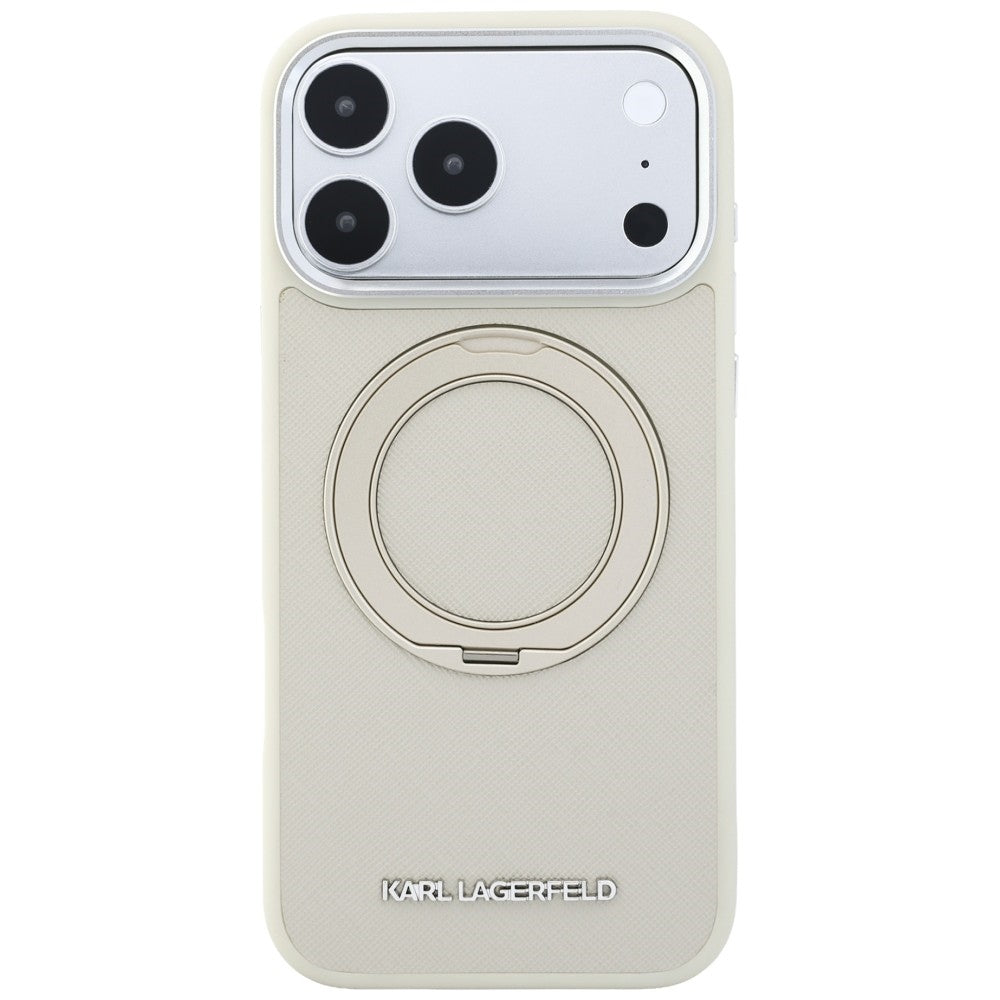 Capa MagSafe para Apple iPhone 18 Pro / 17 Pro, Karl Lagerfeld, Ring Stand 360 Saffiano, Bege