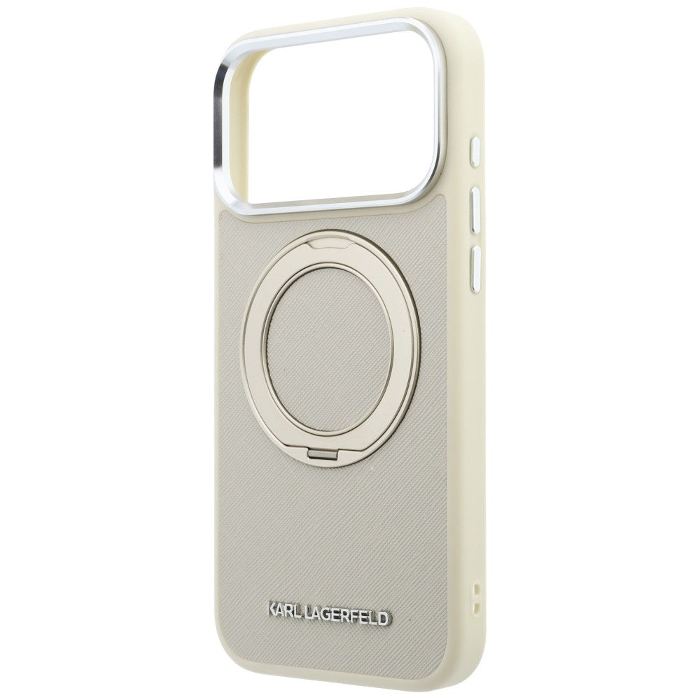 Capa MagSafe para Apple iPhone 18 Pro / 17 Pro, Karl Lagerfeld, Ring Stand 360 Saffiano, Bege