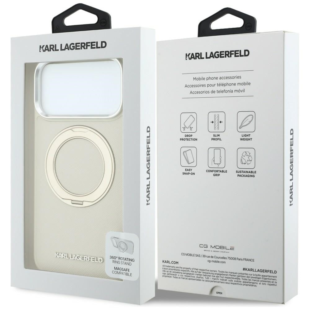 Capa MagSafe para Apple iPhone 18 Pro / 17 Pro, Karl Lagerfeld, Ring Stand 360 Saffiano, Bege