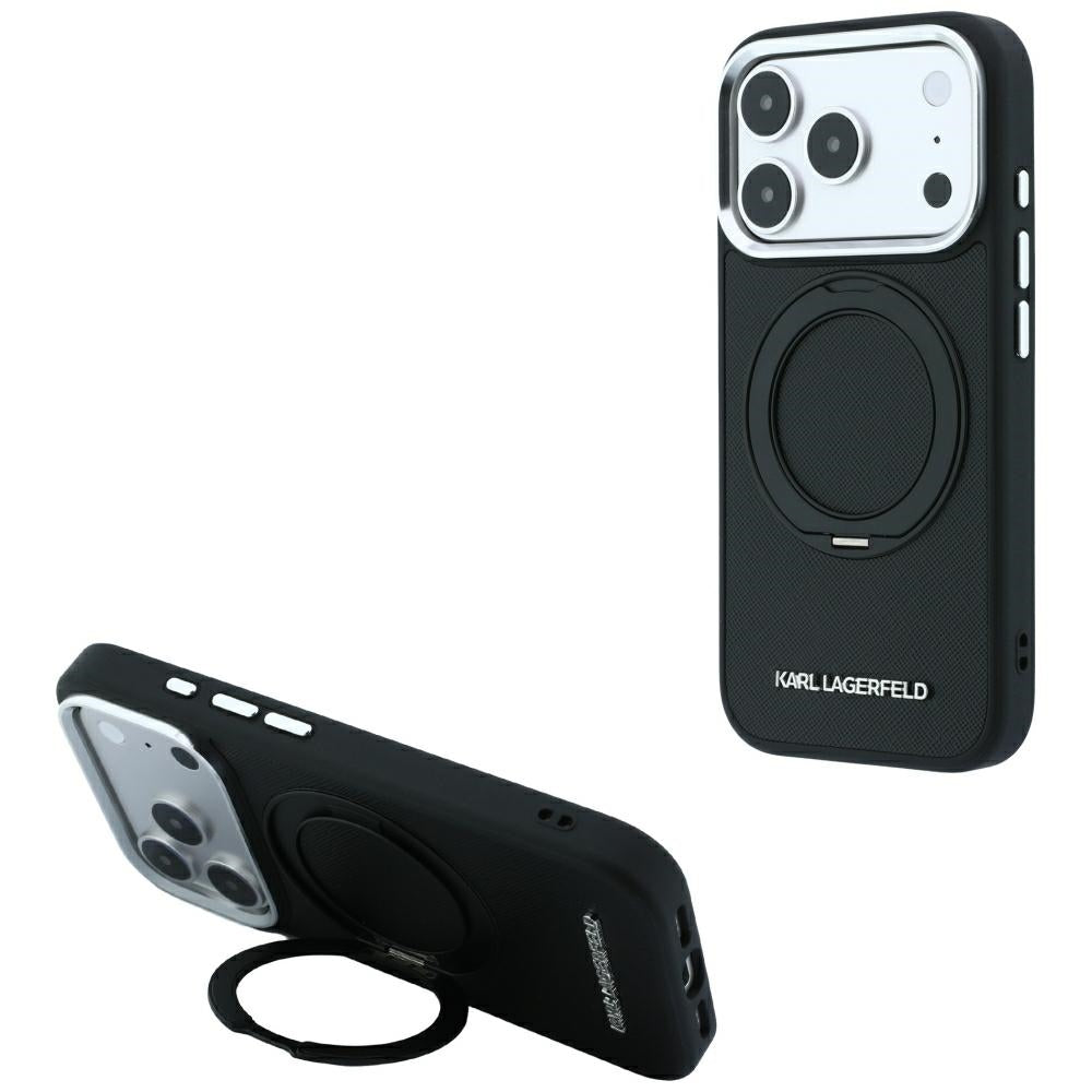 Capa MagSafe para Apple iPhone 18 Pro / 17 Pro, Karl Lagerfeld, Ring Stand 360 Saffiano, Preta