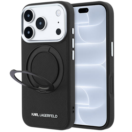 Capa MagSafe para Apple iPhone 18 Pro / 17 Pro, Karl Lagerfeld, Ring Stand 360 Saffiano, Preta