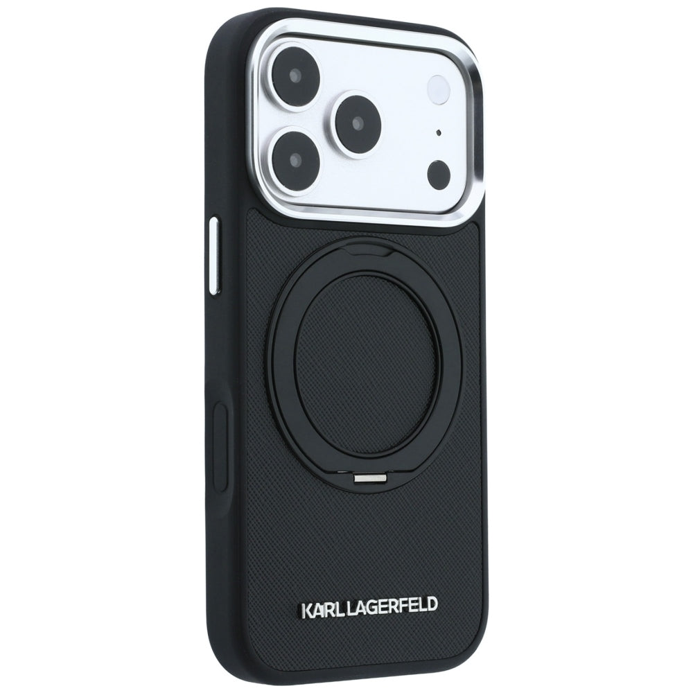 Capa MagSafe para Apple iPhone 18 Pro / 17 Pro, Karl Lagerfeld, Ring Stand 360 Saffiano, Preta