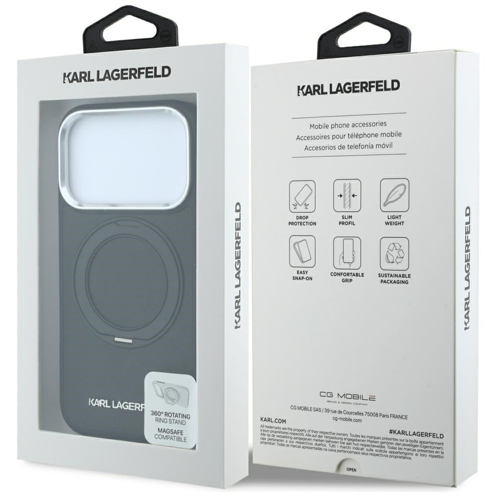 Capa MagSafe para Apple iPhone 18 Pro / 17 Pro, Karl Lagerfeld, Ring Stand 360 Saffiano, Preta