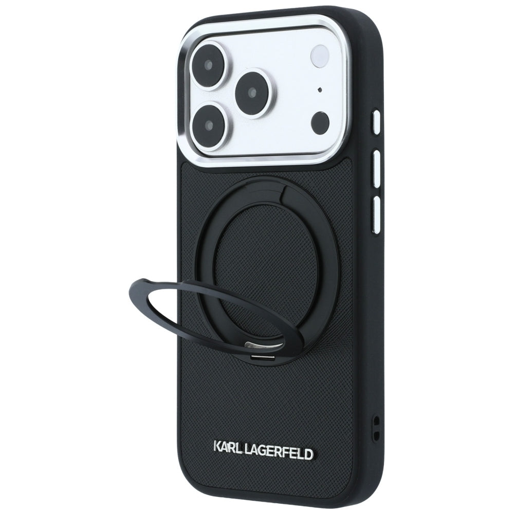 Capa MagSafe para Apple iPhone 18 Pro / 17 Pro, Karl Lagerfeld, Ring Stand 360 Saffiano, Preta