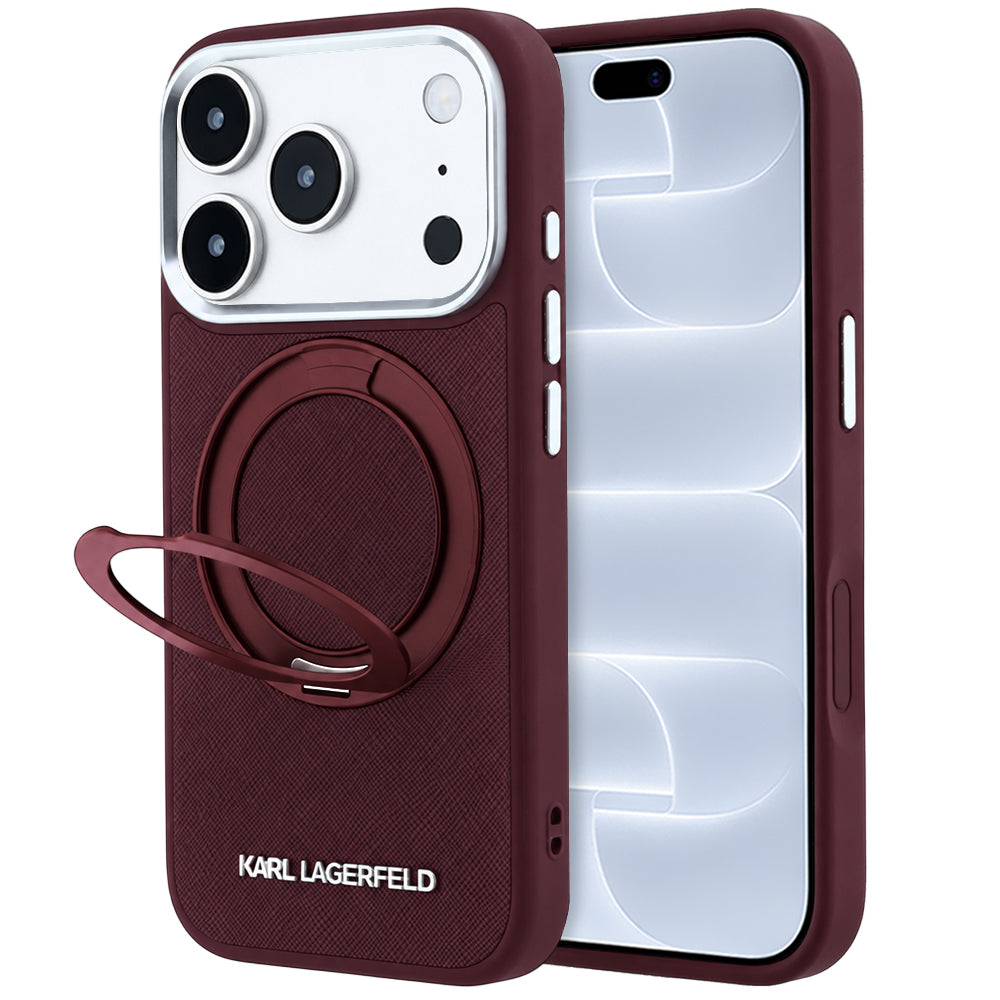Capa MagSafe para Apple iPhone 18 Pro / 17 Pro, Karl Lagerfeld, Ring Stand 360 Saffiano, cor de vinho