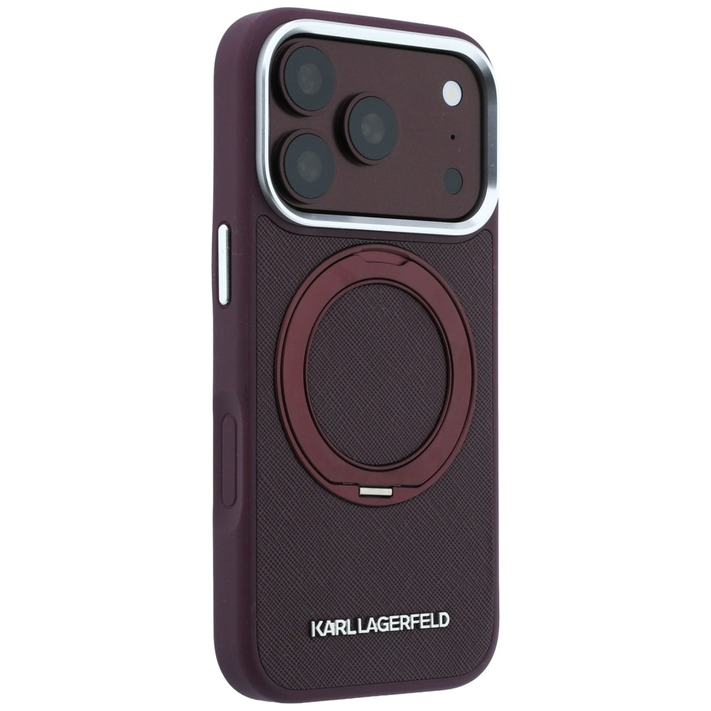 Capa MagSafe para Apple iPhone 18 Pro / 17 Pro, Karl Lagerfeld, Ring Stand 360 Saffiano, cor de vinho
