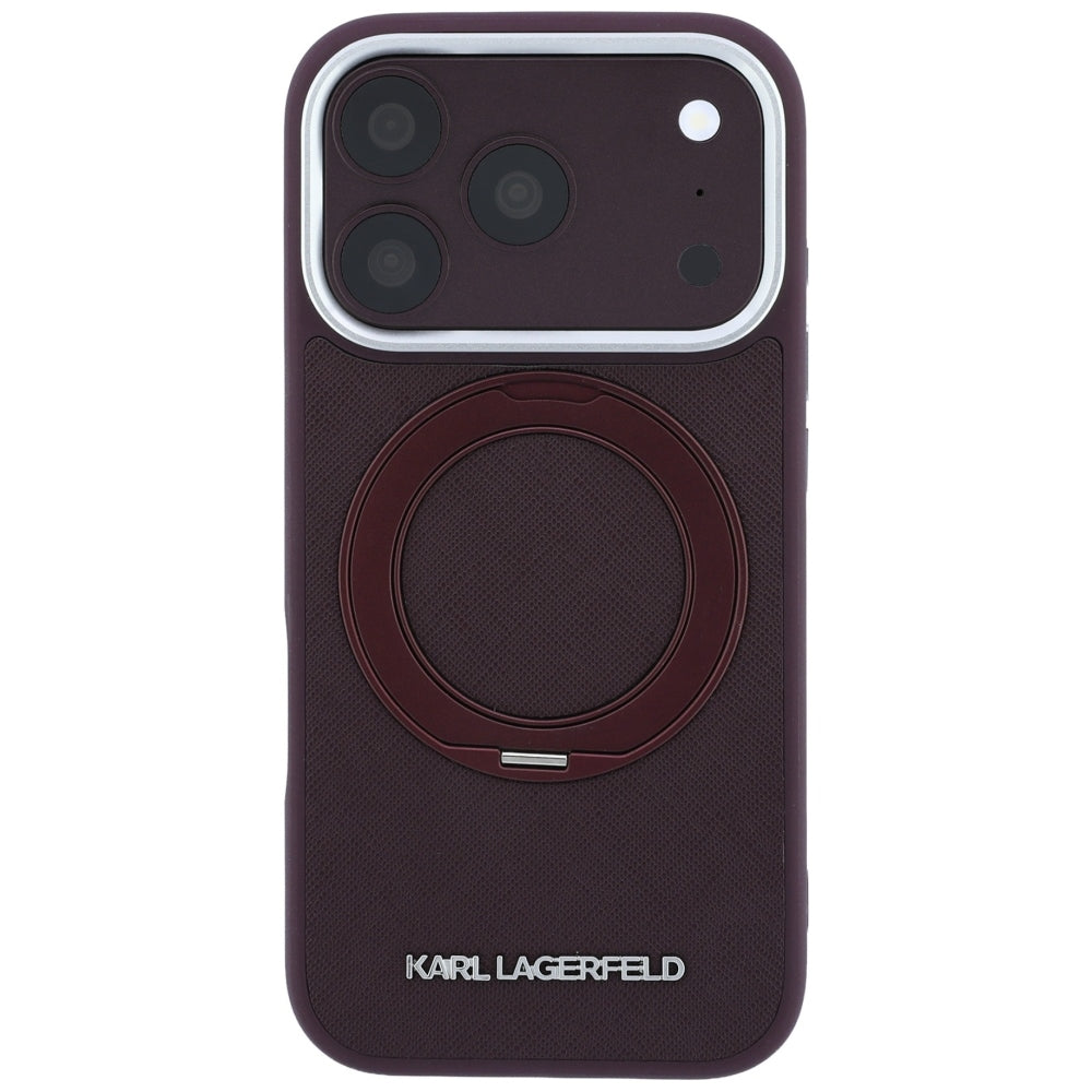 Capa MagSafe para Apple iPhone 18 Pro / 17 Pro, Karl Lagerfeld, Ring Stand 360 Saffiano, cor de vinho