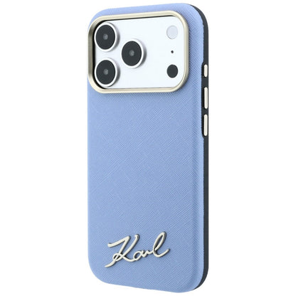 Capa MagSafe para Apple iPhone 18 Pro / 17 Pro, Karl Lagerfeld, Saffiano Small Script Metal Logo, Azul