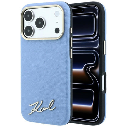 Capa MagSafe para Apple iPhone 18 Pro / 17 Pro, Karl Lagerfeld, Saffiano Small Script Metal Logo, Azul