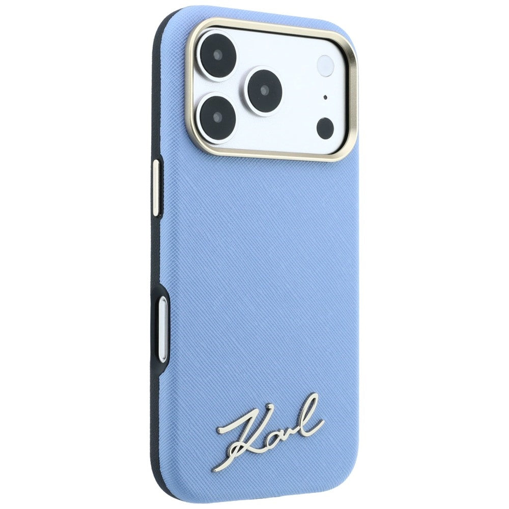 Capa MagSafe para Apple iPhone 18 Pro / 17 Pro, Karl Lagerfeld, Saffiano Small Script Metal Logo, Azul