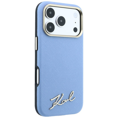 Capa MagSafe para Apple iPhone 18 Pro / 17 Pro, Karl Lagerfeld, Saffiano Small Script Metal Logo, Azul