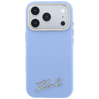 Capa MagSafe para Apple iPhone 18 Pro / 17 Pro, Karl Lagerfeld, Saffiano Small Script Metal Logo, Azul