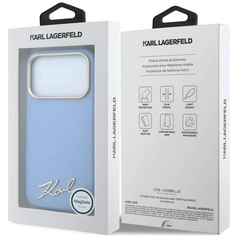 Capa MagSafe para Apple iPhone 18 Pro / 17 Pro, Karl Lagerfeld, Saffiano Small Script Metal Logo, Azul