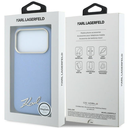 Capa MagSafe para Apple iPhone 18 Pro / 17 Pro, Karl Lagerfeld, Saffiano Small Script Metal Logo, Azul