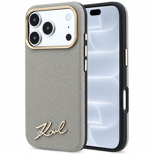 Capa MagSafe para Apple iPhone 18 Pro / 17 Pro, Karl Lagerfeld, Saffiano Small Script Metal Logo, Cinza Bege
