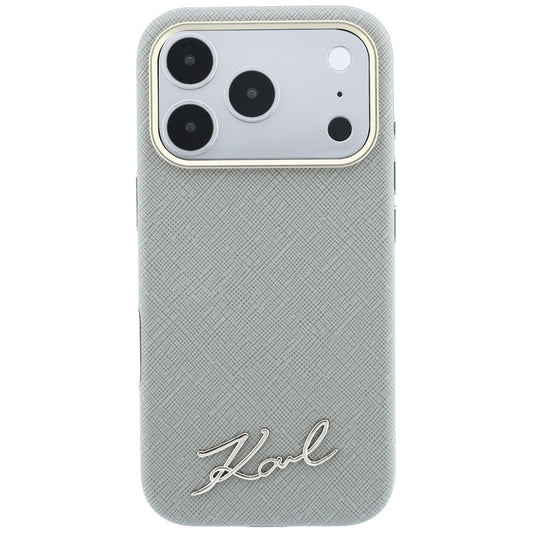 Capa MagSafe para Apple iPhone 18 Pro / 17 Pro, Karl Lagerfeld, Saffiano Small Script Metal Logo, Cinza Bege