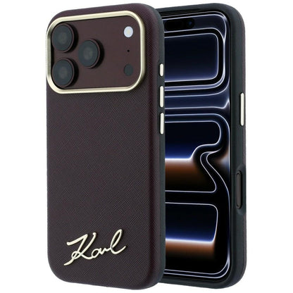 Capa MagSafe para Apple iPhone 18 Pro / 17 Pro, Karl Lagerfeld, Saffiano Small Script Metal Logo, Vinho