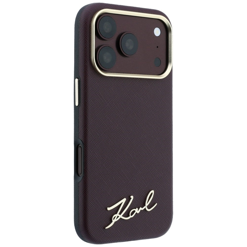Capa MagSafe para Apple iPhone 18 Pro / 17 Pro, Karl Lagerfeld, Saffiano Small Script Metal Logo, Vinho