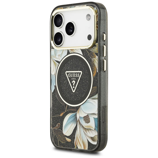 Capa MagSafe para Apple iPhone 18 Pro, Guess, IML Metal Glitter Flowers Triangle, Preta