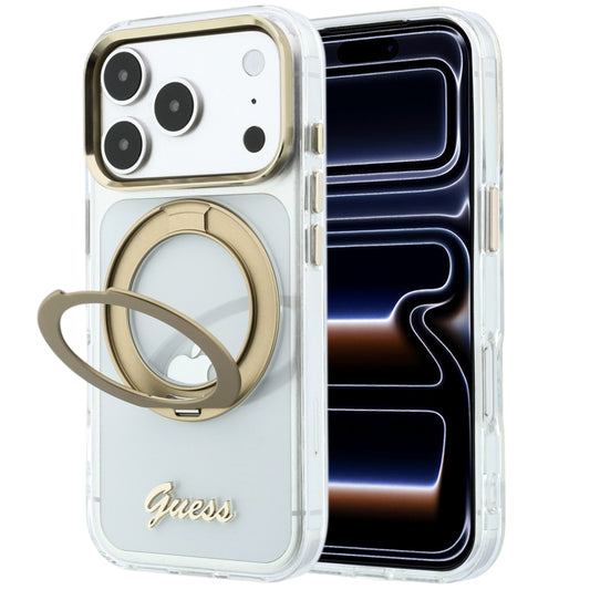 Capa MagSafe para Apple iPhone 18 Pro, Guess, Suporte de Anel Script Metal Logo, Transparente