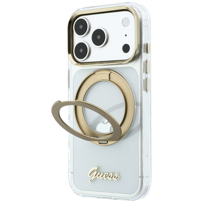 Capa MagSafe para Apple iPhone 18 Pro, Guess, Suporte de Anel Script Metal Logo, Transparente