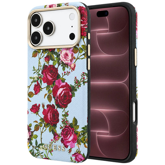 Capa MagSafe para Apple iPhone 18 Pro Max / 17 Pro Max, Guess, Blossom Roses Print, Azul