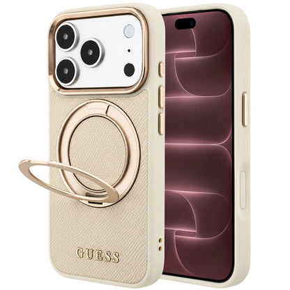 Capa MagSafe para Apple iPhone 18 Pro Max / 17 Pro Max, Guess, Grained Ring Stand 360 Classic, Bege