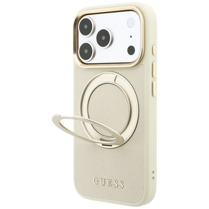 Capa MagSafe para Apple iPhone 18 Pro Max / 17 Pro Max, Guess, Grained Ring Stand 360 Classic, Bege