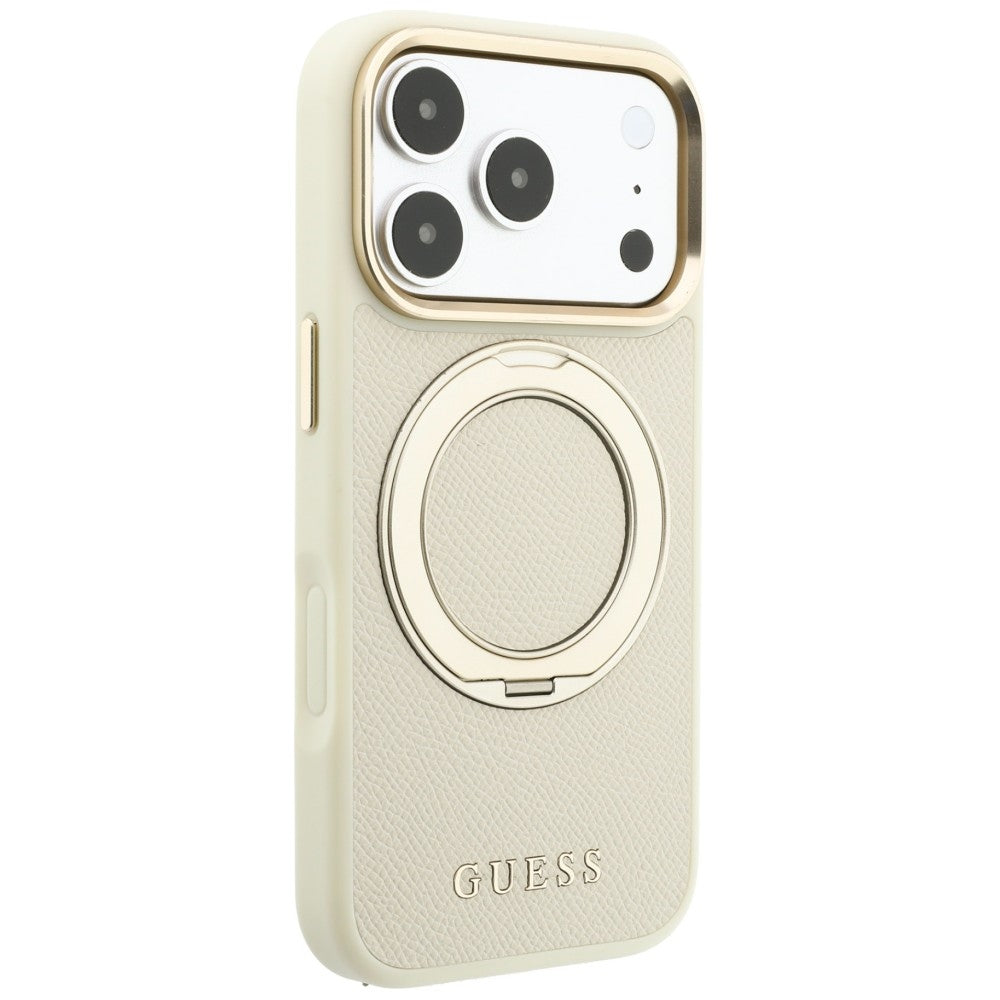 Capa MagSafe para Apple iPhone 18 Pro Max / 17 Pro Max, Guess, Grained Ring Stand 360 Classic, Bege