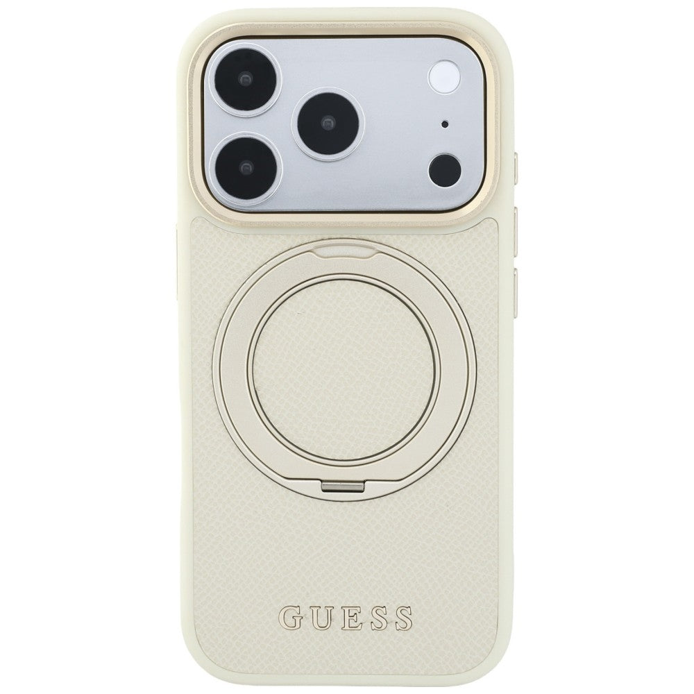 Capa MagSafe para Apple iPhone 18 Pro Max / 17 Pro Max, Guess, Grained Ring Stand 360 Classic, Bege