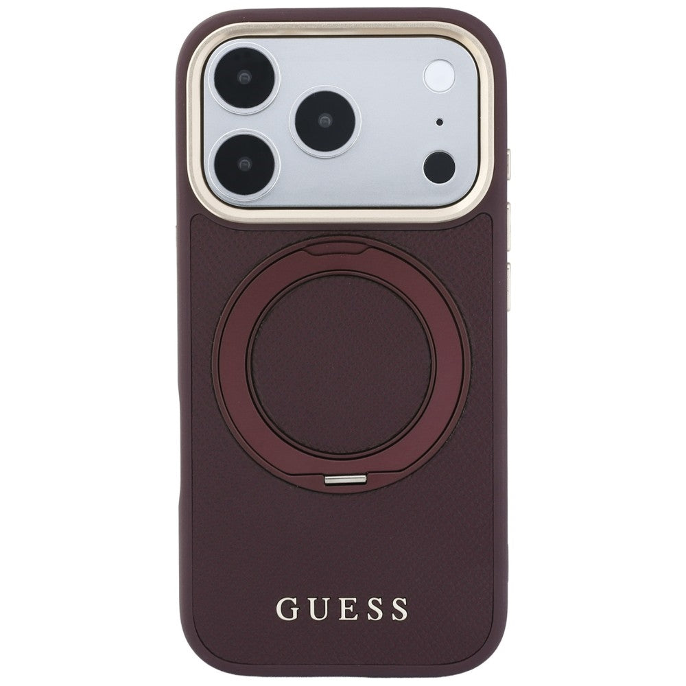 MagSafe Case for Apple iPhone 18 Pro Max / 17 Pro Max, Guess, Grained Ring Stand 360 Classic, Burgundy
