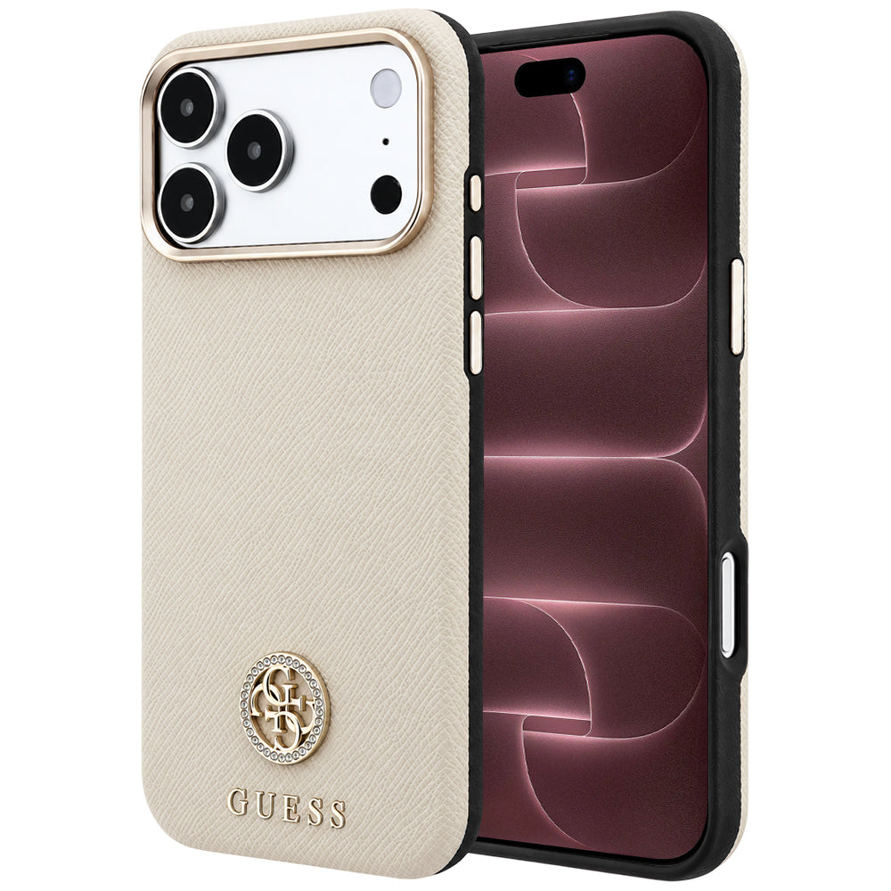 Capa MagSafe para Apple iPhone 18 Pro Max / 17 Pro Max, Guess, Logo Redondo com Strass Granulado, Bege