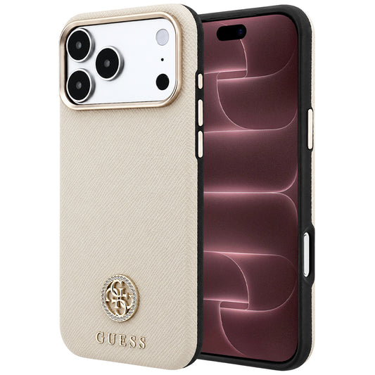 Capa MagSafe para Apple iPhone 18 Pro Max / 17 Pro Max, Guess, Logo Redondo com Strass Granulado, Bege