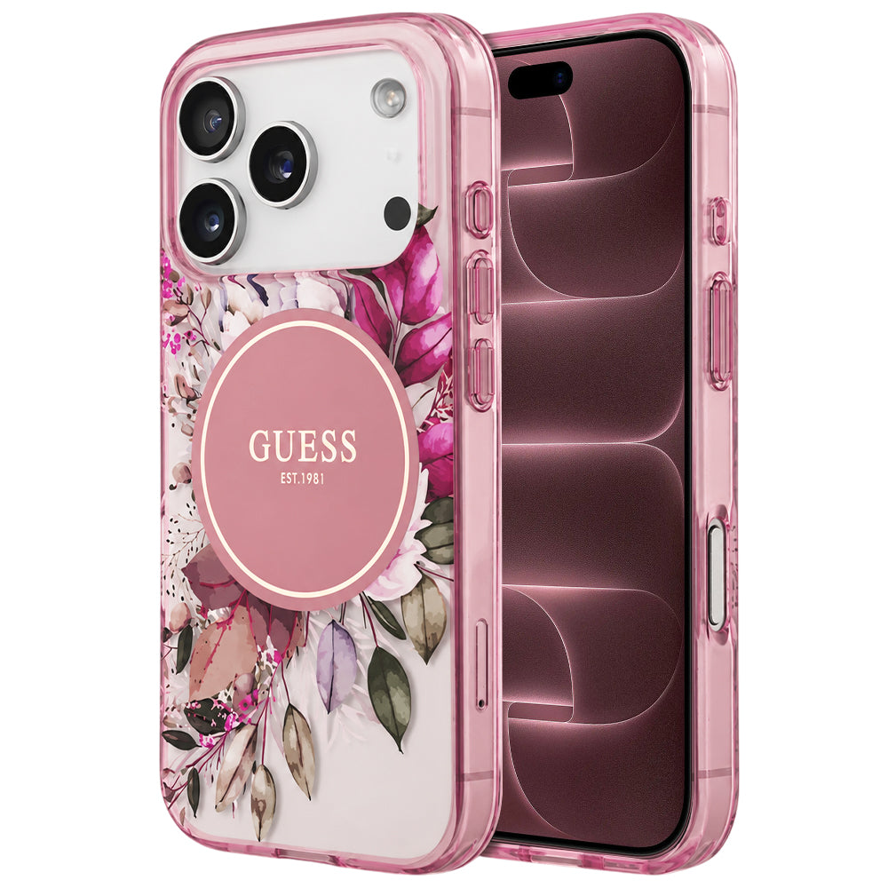 Capa MagSafe para Apple iPhone 18 Pro Max / 17 Pro Max, Guess, IML Flower & Tonal Circle, Rosa