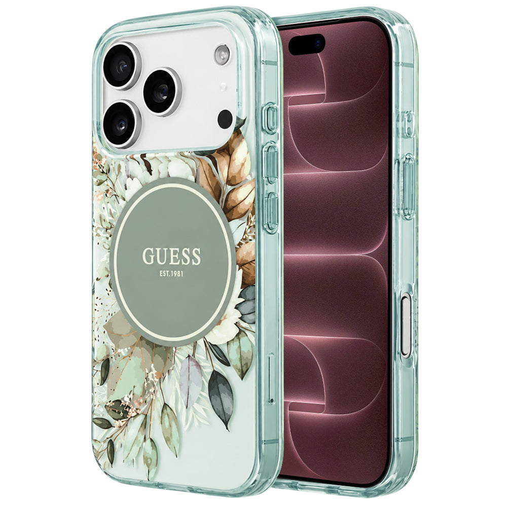 Capa MagSafe para Apple iPhone 18 Pro Max / 17 Pro Max, Guess, IML Flower & Tonal Circle, Verde
