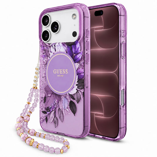 Capa MagSafe para Apple iPhone 18 Pro Max / 17 Pro Max, Guess, IML Flowers with Pearl Strap, Roxa