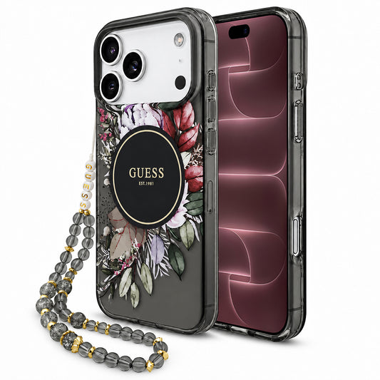 Capa MagSafe para Apple iPhone 18 Pro Max / 17 Pro Max, Guess, IML Flowers with Pearl Strap, Preta