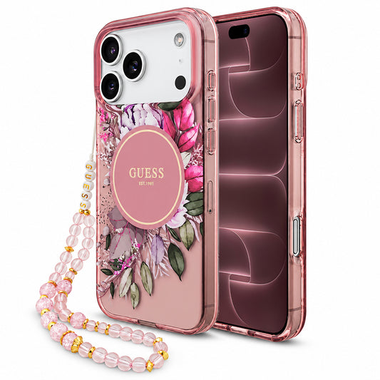 Capa MagSafe para Apple iPhone 18 Pro Max / 17 Pro Max, Guess, IML Flowers with Pearl Strap, Rosa