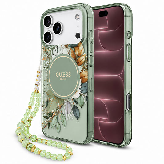 Capa MagSafe para Apple iPhone 18 Pro Max / 17 Pro Max, Guess, IML Flowers with Pearl Strap, Verde