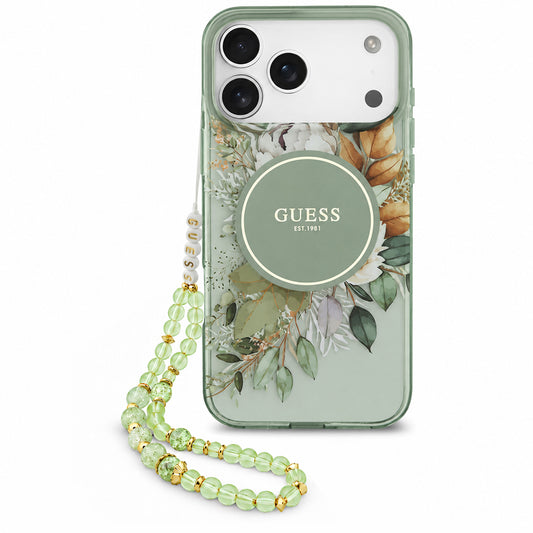 Capa MagSafe para Apple iPhone 18 Pro Max / 17 Pro Max, Guess, IML Flowers with Pearl Strap, Verde