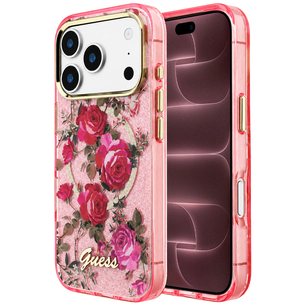 Capa MagSafe para Apple iPhone 18 Pro Max / 17 Pro Max, Guess, IML Glitter Blossom Roses, Rosa