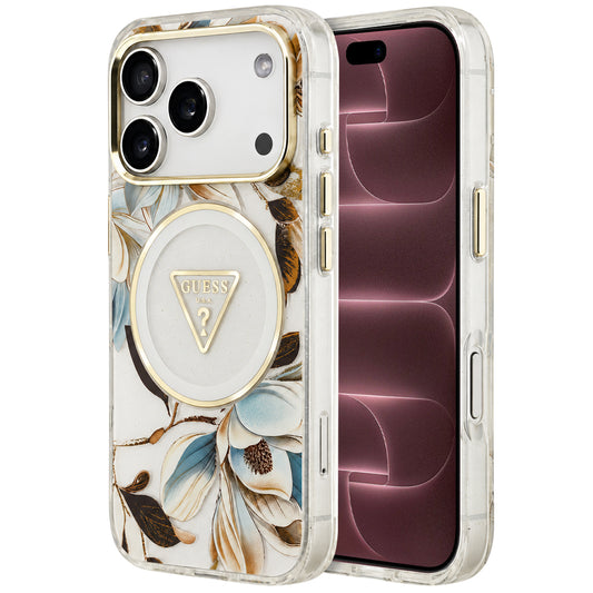 Capa MagSafe para Apple iPhone 18 Pro Max / 17 Pro Max, Guess, IML Metal Glitter Flowers Triangle, Branca
